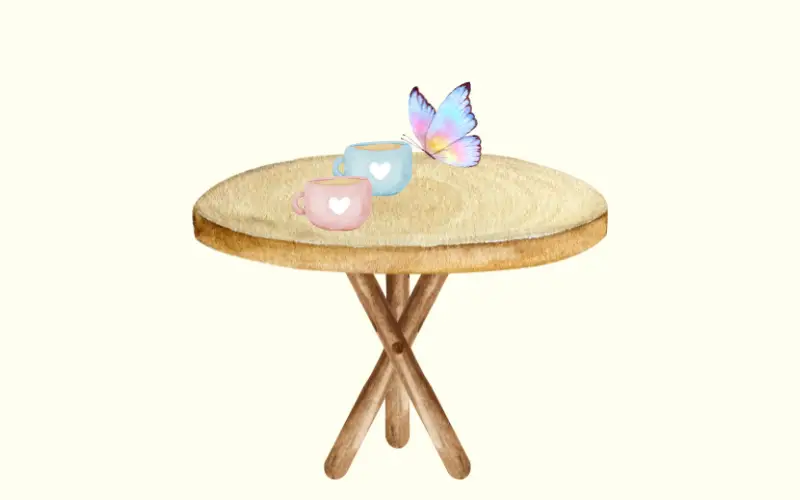ハートマークのカップが並ぶ木のテーブル。そのそばに舞う蝶が、言葉にしなくても伝わる優しさを感じさせるやさしいイラスト
