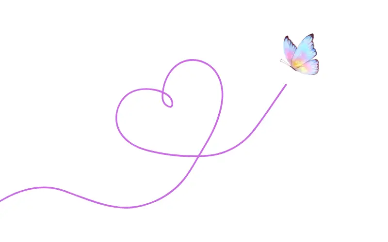 ハートの形を描く紫の線と、その先を舞う虹色の蝶。恋の始まりや心のつながりをイメージした背景