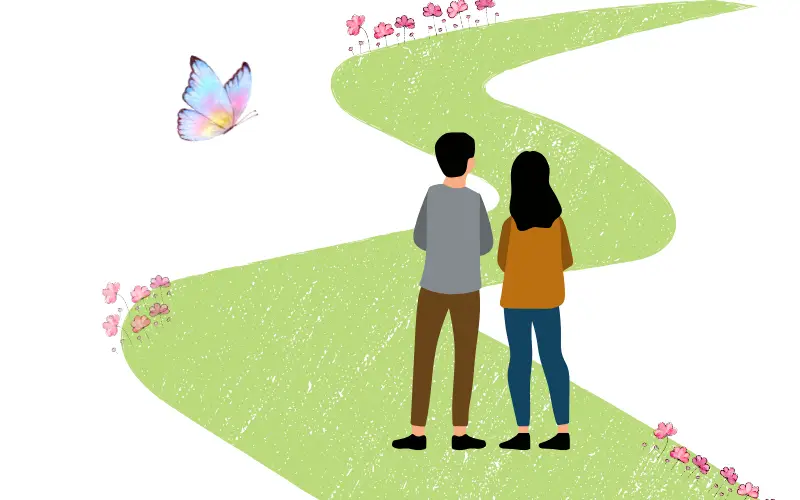 花が咲く小道を並んで歩く二人。舞う蝶と柔らかな光が、時間の長さよりも心地よさを大切にする関係をそっと描いている