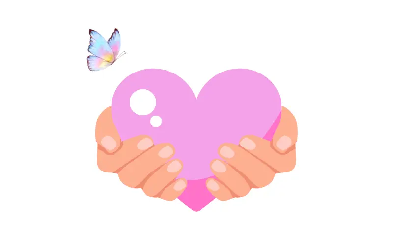 両手でピンクのハートを包み、蝶が舞うイラスト。恋の優しさや安心感を表した背景