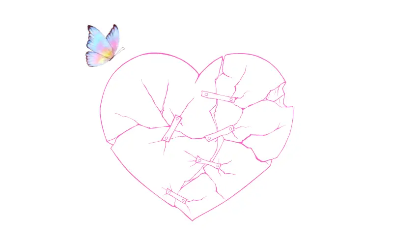 ひび割れたピンクのハートを見つめる蝶。 傷ついた心をそっと見守るように、恋を遠ざけてしまう地雷の儚さを描いたイメージ