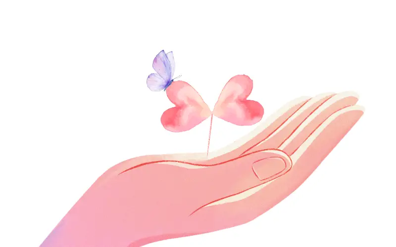 ピンクの手のひらにハートの芽が芽吹き、青い蝶がそっととまる。 恋のはじまりをやさしく描いた、甘恋帖・甘研ページのイメージビジュアル。