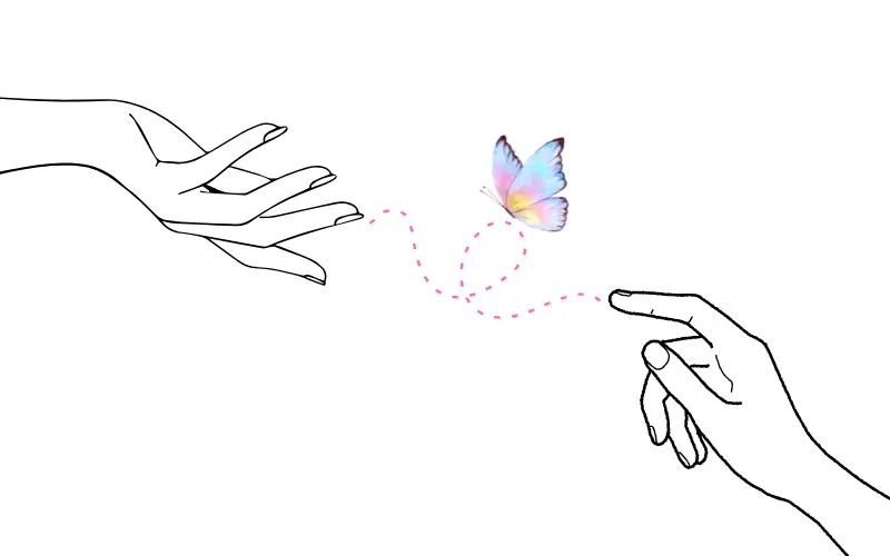 離れた二つの手の間を、蝶が柔らかな軌跡を描いて飛んでいる。 速さよりも心の温度でつながる、想いのやり取りを表したイメージ