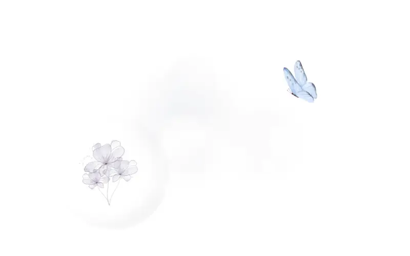 淡い紫の小花と青い蝶が、やわらかな光の中でそっと寄り添うイメージ