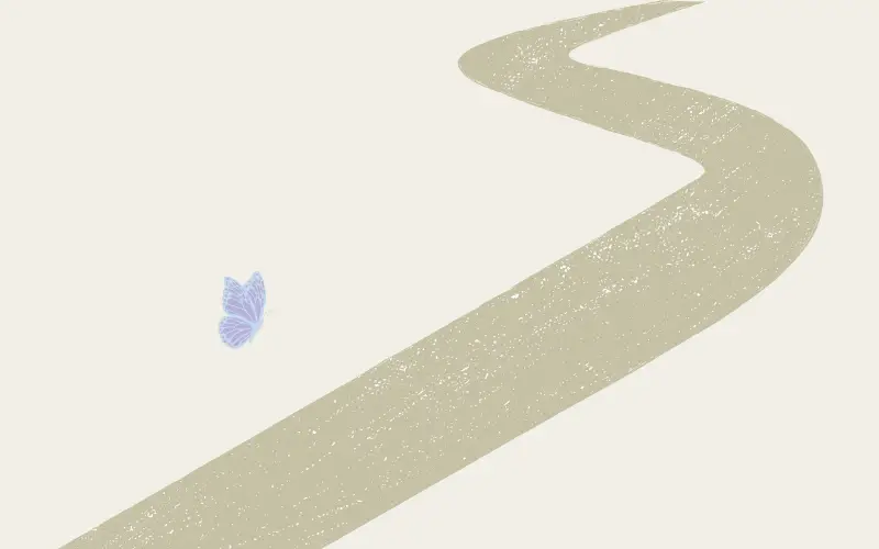 恋愛は簡単ではないけれど、遠回りしながらも続いていく道があることを、やさしい一本道と蝶で表現したイメージ