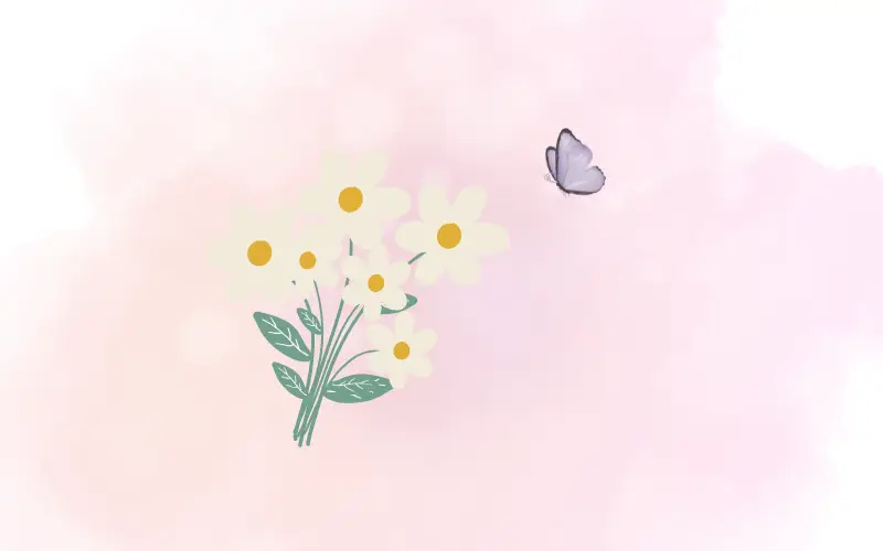 淡いピンクの光の中で、寄り添うように束ねられた白い花と、そばで舞う蝶が温かな愛着を表すやさしいイラスト。