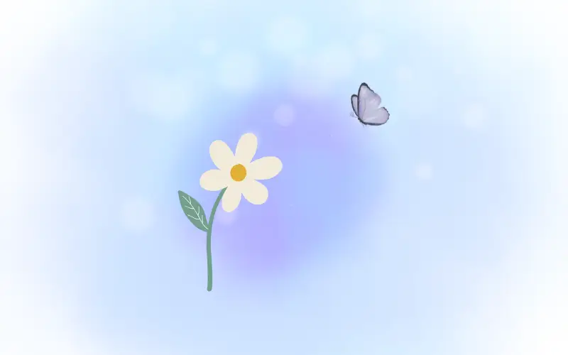 淡い青の光に包まれて咲く小さな白い花と、そっと寄り添う蝶が静かな幸福感を描く優しい一枚。