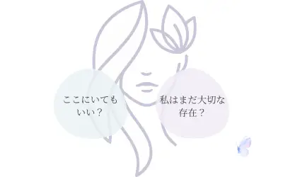 嫉妬と不安が重なり合う気持ちを表したイラスト。ここにいてもいい？私はまだ大切な存在？という心の声を描いています
