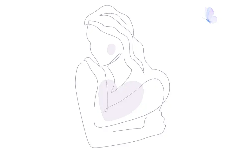 嫉妬してしまう自分を責めず、そっと抱きしめる女性を描いた線画イラスト