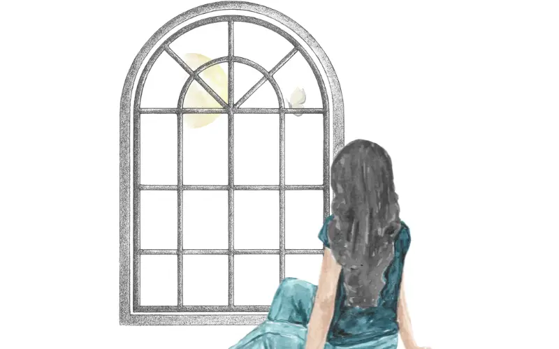 窓の外を見つめながら座る女性の後ろ姿と、理由はわからないけれど残る不安な気持ちを表したイラスト