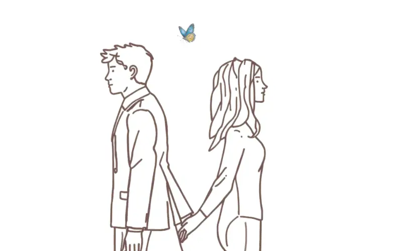 背中合わせで立つ男女が手をつなぎ、上に小さな蝶が舞っている線画の挿絵
