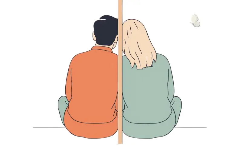 近くに座る男女の間に仕切りがあり、距離は近いのに気持ちが完全には重なっていない様子