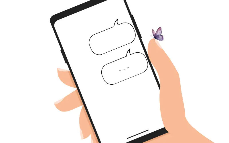 既読がつかないメッセージ画面を見つめるスマホと手元のイラスト。小さな蝶が指先にとまり、待つ時間の静けさを表している。