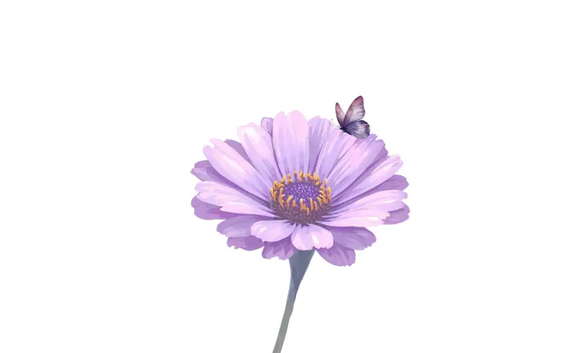 紫の一輪の花に蝶がそっと止まり、恋が静かに落ち着いていく安心感を表した挿絵