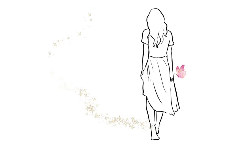 白い余白の中に立ち止まる後ろ姿の女性と、途中で薄く消えかけた光の道、そばに小さな蝶が描かれたイメージ