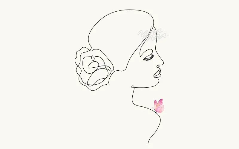 横顔の線画の女性の頭のまわりに、ゆらぐような線が描かれ、胸元に小さな蝶が添えられたイメージ