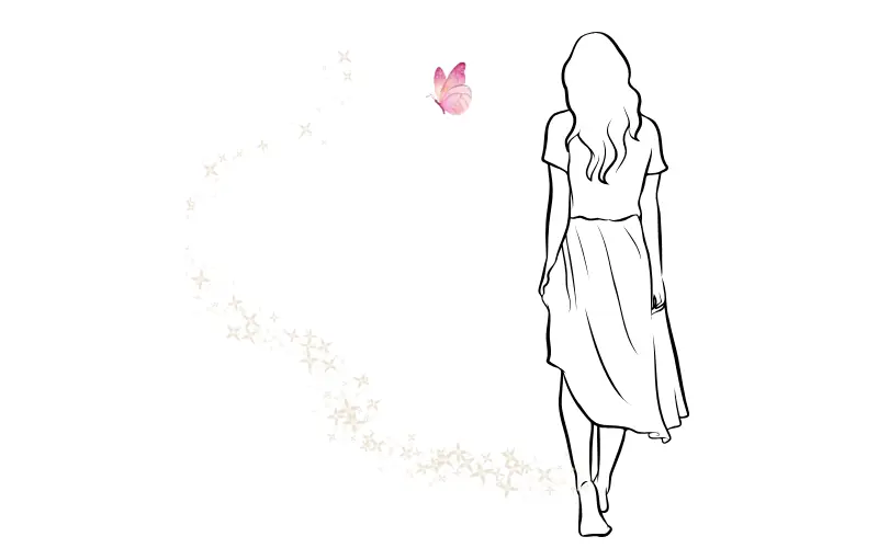 白い余白の中を歩く後ろ姿の女性と、淡い軌跡、少し離れた場所に舞う小さな蝶を描いたイメージ
