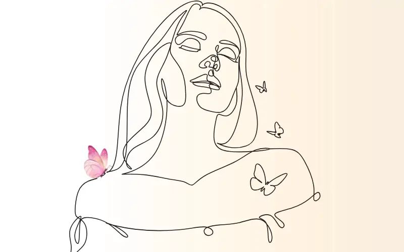 左右でわずかに色のトーンが異なる背景の中央に、線画の女性が立ち、周囲に小さな蝶が舞うイメージ