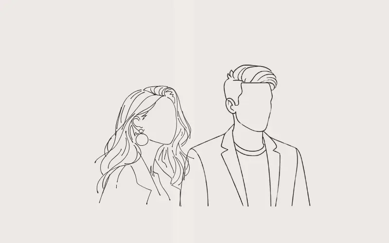 愛と束縛の境界線をイメージした、寄り添う男女のシンプルな線画イラスト