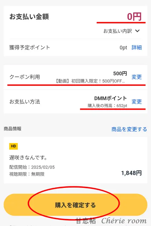 FANZAの配信購入確定画面。支払金額やポイント利用、ポイント残高が表示されている