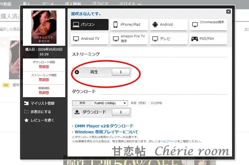 FANZAのPC視聴画面。ストリーミング再生の『再生』ボタンを押して動画を視聴する画面